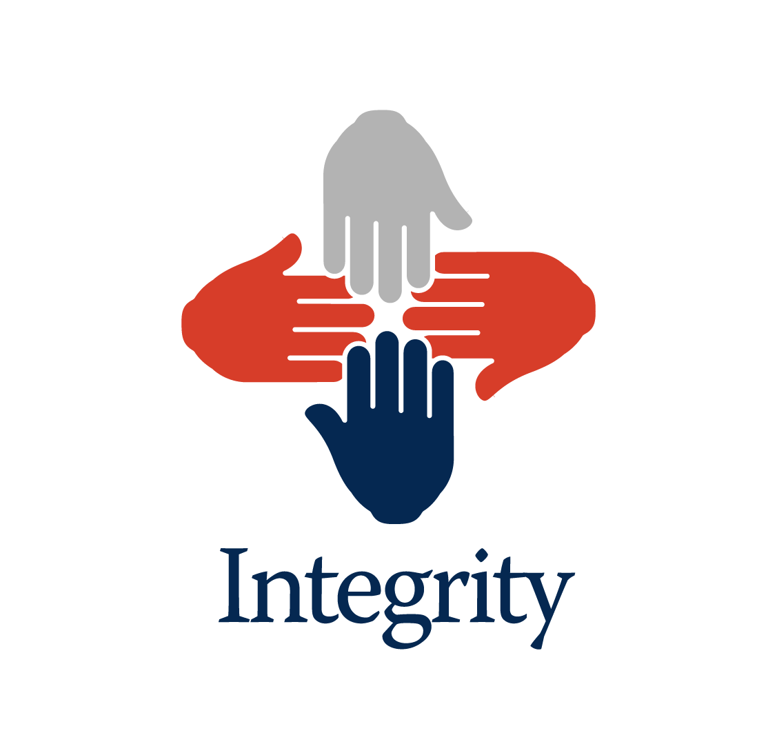 Integrity logo 4 hands of different colours touching finger tips
