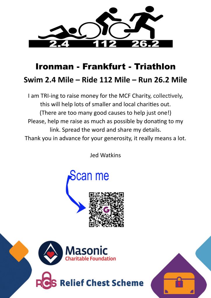 Poster asking to sponsor Jed Watkins Triathlon in Aid of local Charities via his Just Giving Page via the MCF relief chest