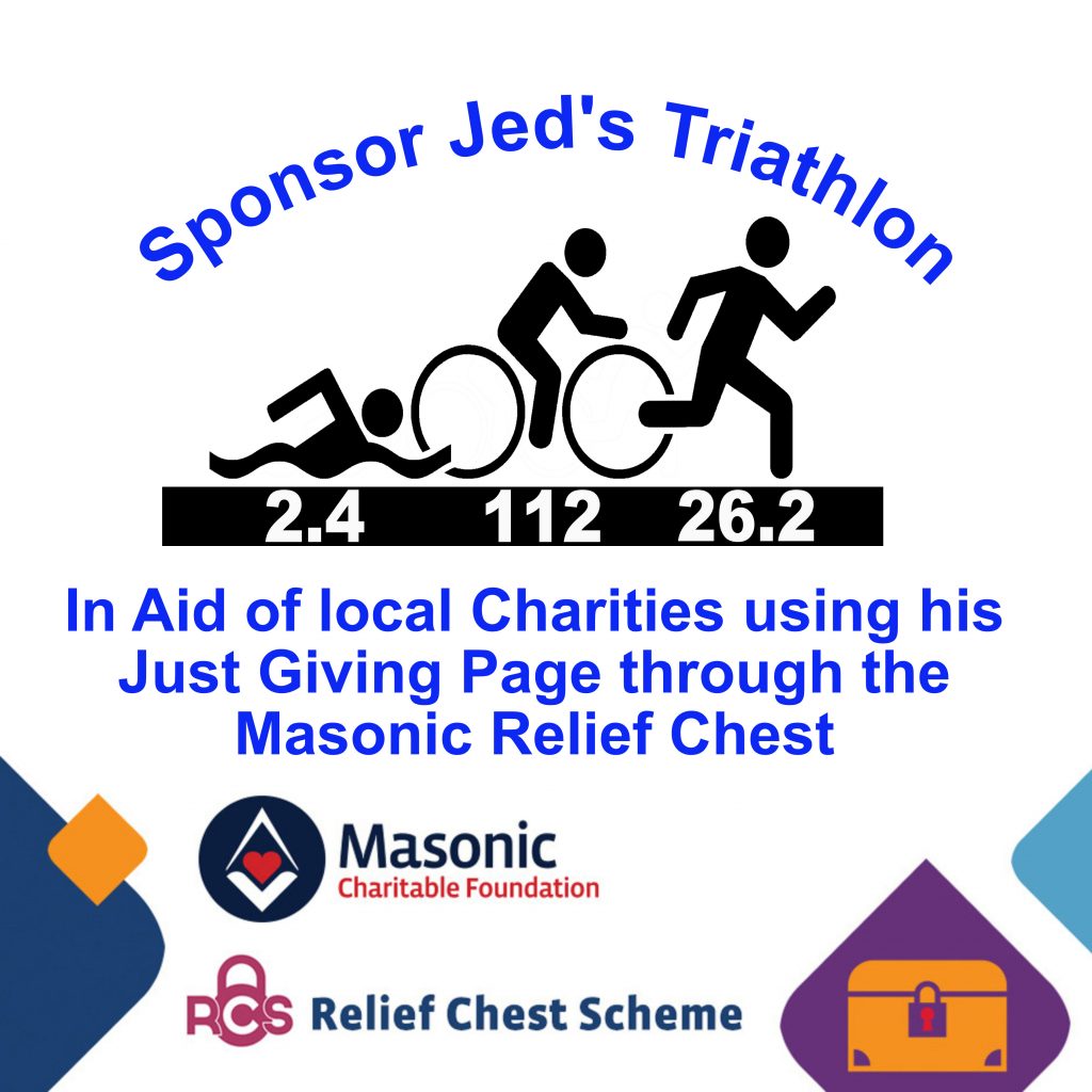 Poster asking you to Sponsor Jed's Triathlon for local charities via his Just Giving Page through the MCF relief chest