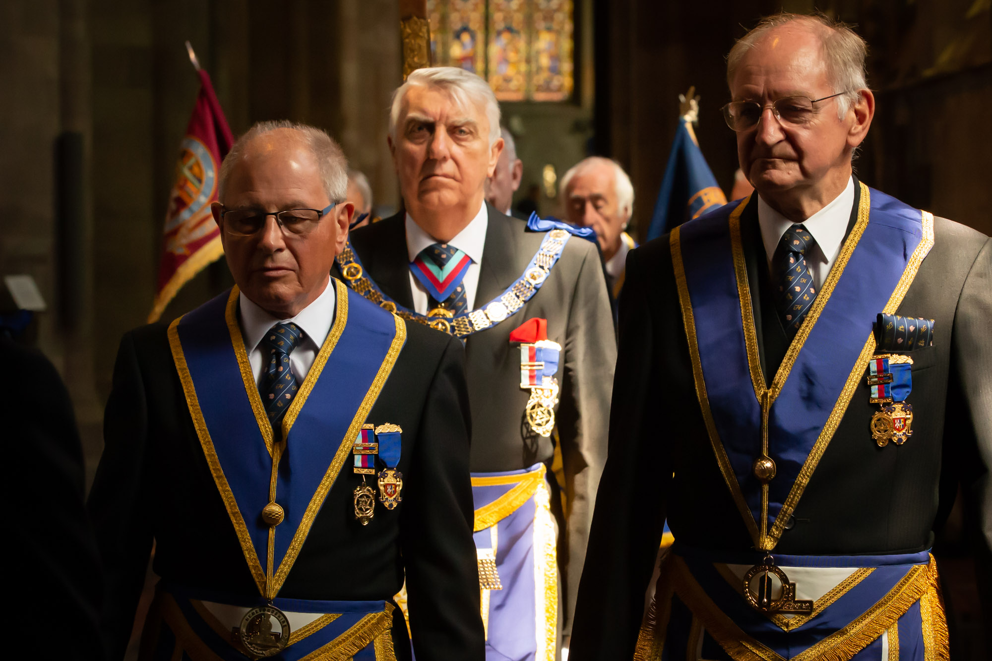 The Provincial Grand Wardens W Bro Mark Bennett & W Bro David Hudson processing into the Cathedral followed by the Deputy Grand Master, VW Bro Graham King.